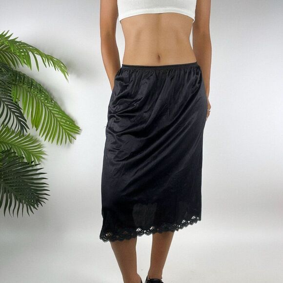 Vintage Vanity Fair 90s Grunge Black Whimsigoth Low Rise Midi Slip Skirt / Sm - Picture 3 of 5